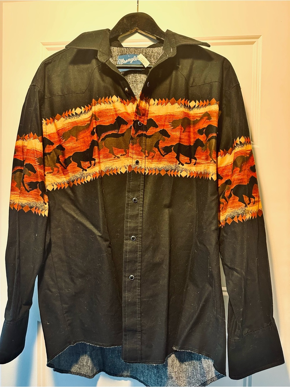 Vintage 90s Wrangler Western Shirt Sunset Horse Wrap Around Pearl Snap L Cowboy